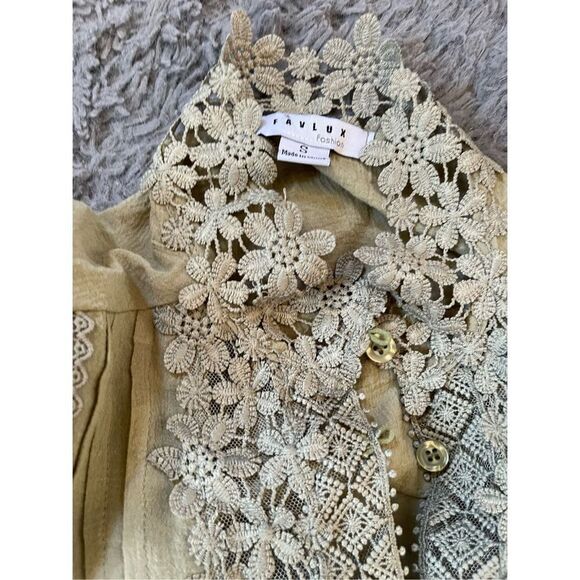 Favlux Green Striped Floral Embroidered 3/4 Sleeve Button Down‎ - Picture 8 of 8